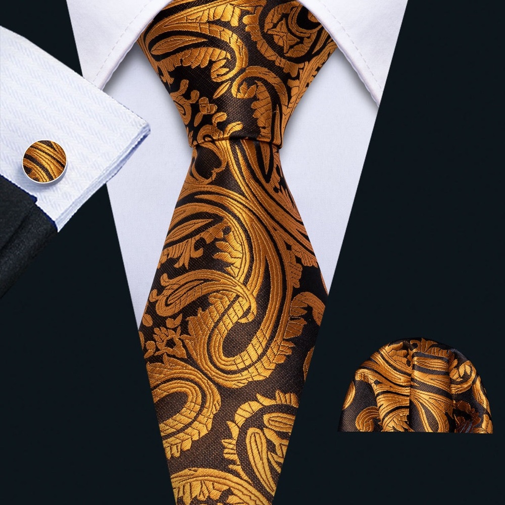 Elegant Gold and Black Paisley Tie Set with Cufflinks